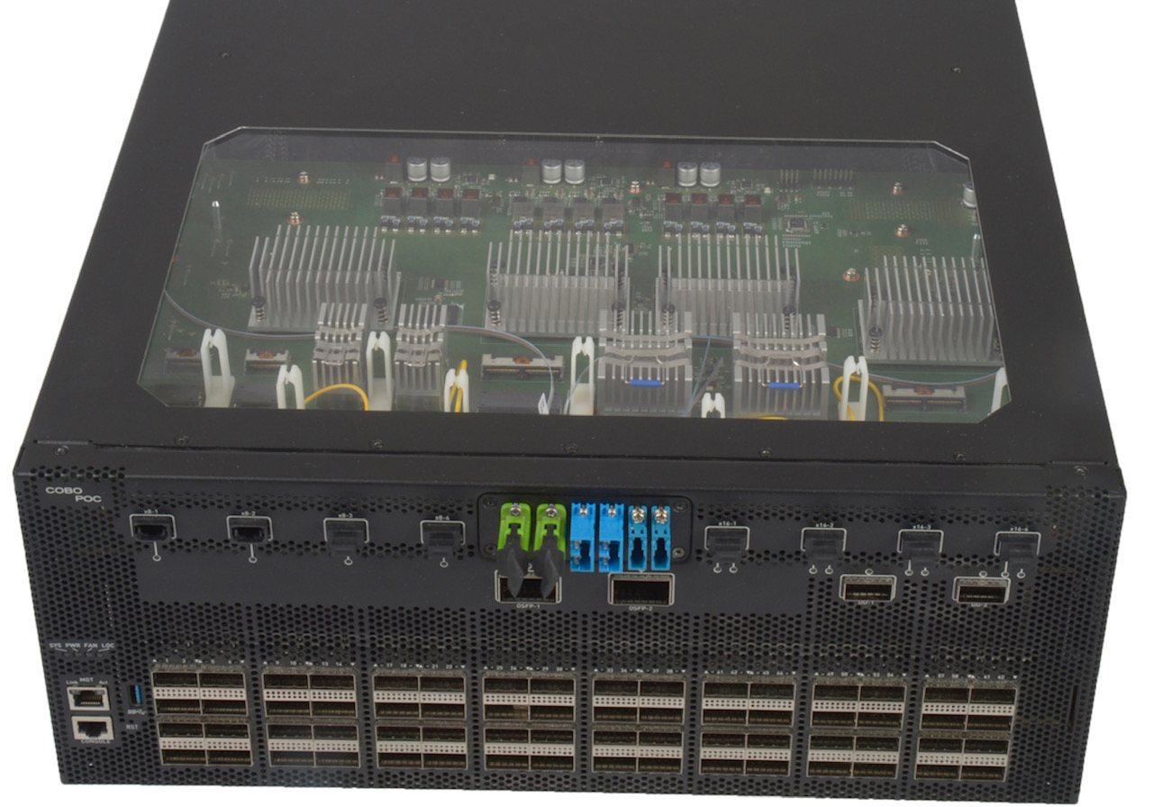 The COBO-enabled 12.8-terabit demonstrator switch. Source: COBO